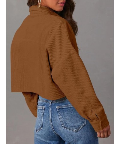 Womens Button Down Corduroy Shirt Cropped Long Sleeve Loose Fit Shacket Tops Brown $15.20 Blouses