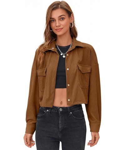 Womens Button Down Corduroy Shirt Cropped Long Sleeve Loose Fit Shacket Tops Brown $15.20 Blouses