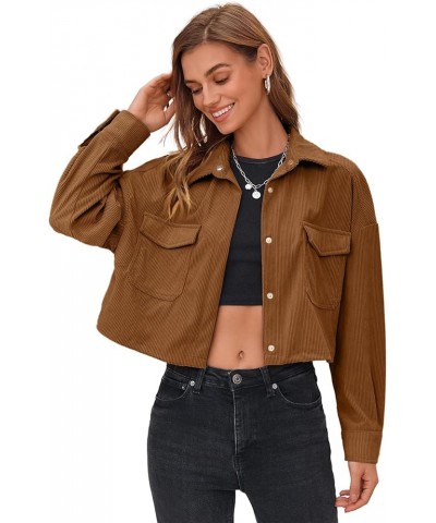 Womens Button Down Corduroy Shirt Cropped Long Sleeve Loose Fit Shacket Tops Brown $15.20 Blouses