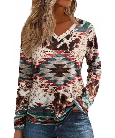 Womens Long Sleeve T Shirts Aztec Cow Print Western Henley Tops Ladies Graphic Tees Casual V Neck Loose Fit Blouse Aztec Cow ...