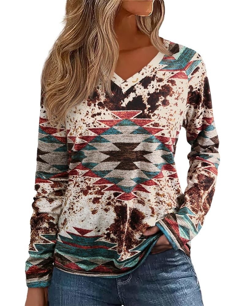 Womens Long Sleeve T Shirts Aztec Cow Print Western Henley Tops Ladies Graphic Tees Casual V Neck Loose Fit Blouse Aztec Cow ...