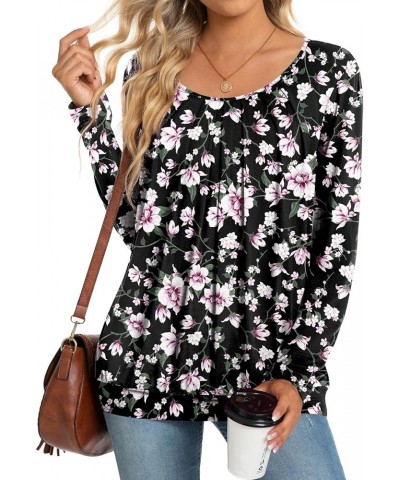 2024 Women's Winter Spring Tunic Tops Long Sleeve Casual Tshirt for Leggings Pleated Loose Blouses Flower Pink Black $11.75 Tops