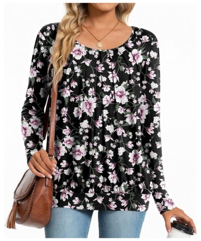 2024 Women's Winter Spring Tunic Tops Long Sleeve Casual Tshirt for Leggings Pleated Loose Blouses Flower Pink Black $11.75 Tops