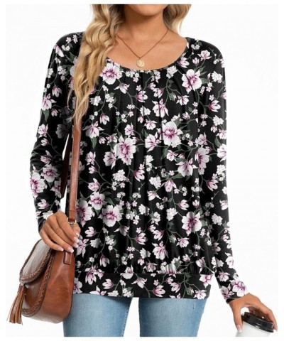 2024 Women's Winter Spring Tunic Tops Long Sleeve Casual Tshirt for Leggings Pleated Loose Blouses Flower Pink Black $11.75 Tops