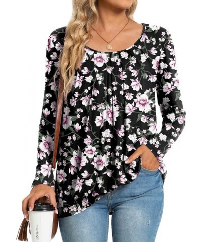 2024 Women's Winter Spring Tunic Tops Long Sleeve Casual Tshirt for Leggings Pleated Loose Blouses Flower Pink Black $11.75 Tops