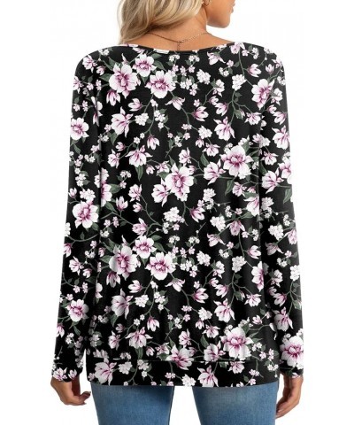 2024 Women's Winter Spring Tunic Tops Long Sleeve Casual Tshirt for Leggings Pleated Loose Blouses Flower Pink Black $11.75 Tops