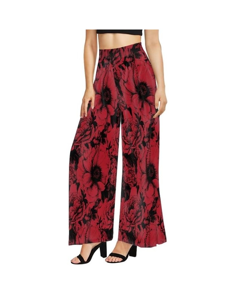 Ditsy Floral Women Casual High Waisted Palazzo Pants, Solid Color Comfy Work Long Straight Suit Pants, Long Wide Leg Flower R...