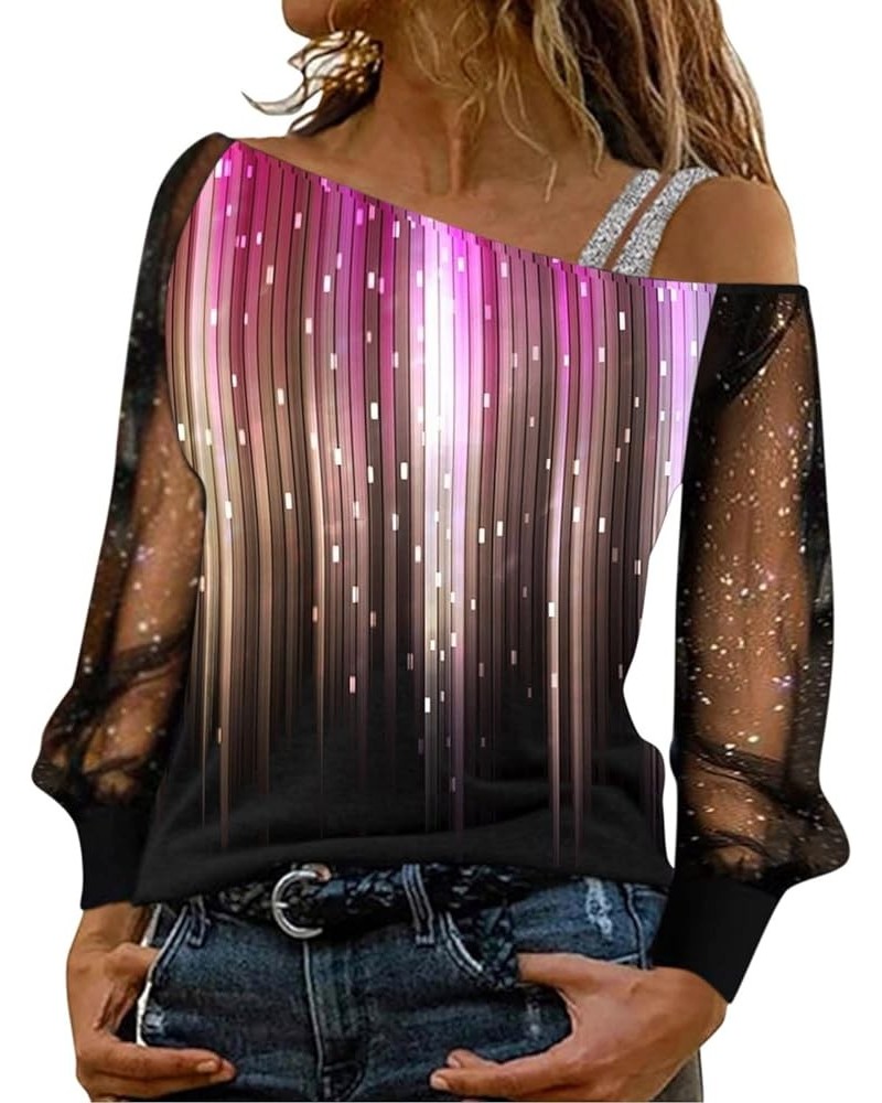 Women Printing Glitter Mesh Bell Long Sleeve Cold Shoulder Splice T-Shirt Blouse Fashion Shiny Club Loose Shirt Tees Purple-i...