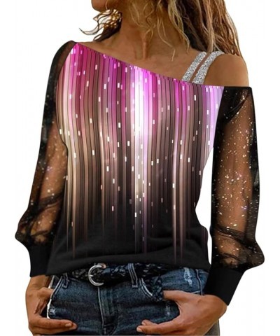 Women Printing Glitter Mesh Bell Long Sleeve Cold Shoulder Splice T-Shirt Blouse Fashion Shiny Club Loose Shirt Tees Purple-i...