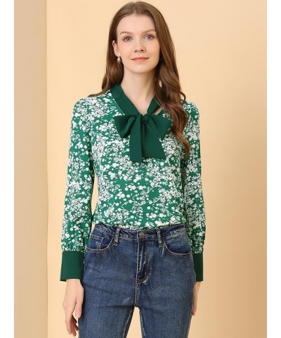 Women's Bow Tie Long Sleeve Contrast Color Vintage Floral Blouse Green $17.04 Blouses