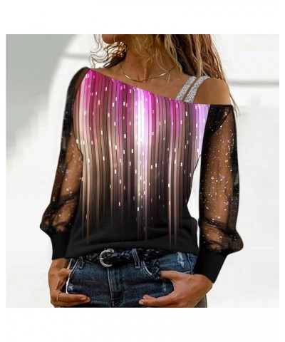 Women Printing Glitter Mesh Bell Long Sleeve Cold Shoulder Splice T-Shirt Blouse Fashion Shiny Club Loose Shirt Tees Purple-i...