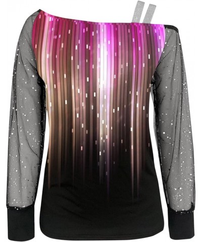 Women Printing Glitter Mesh Bell Long Sleeve Cold Shoulder Splice T-Shirt Blouse Fashion Shiny Club Loose Shirt Tees Purple-i...