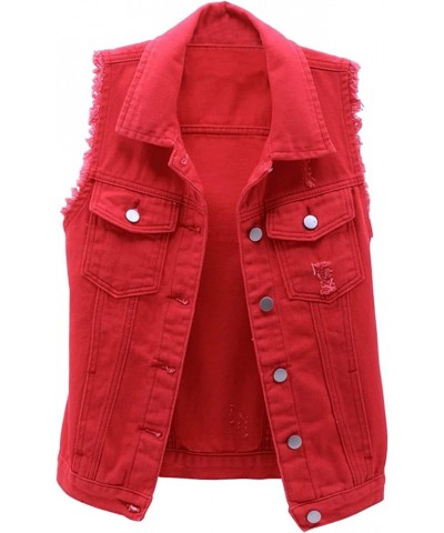 Women's Casual Denim Vest Jacket Slim Fit Sleeveless Ripped Tops Red $13.94 Vests