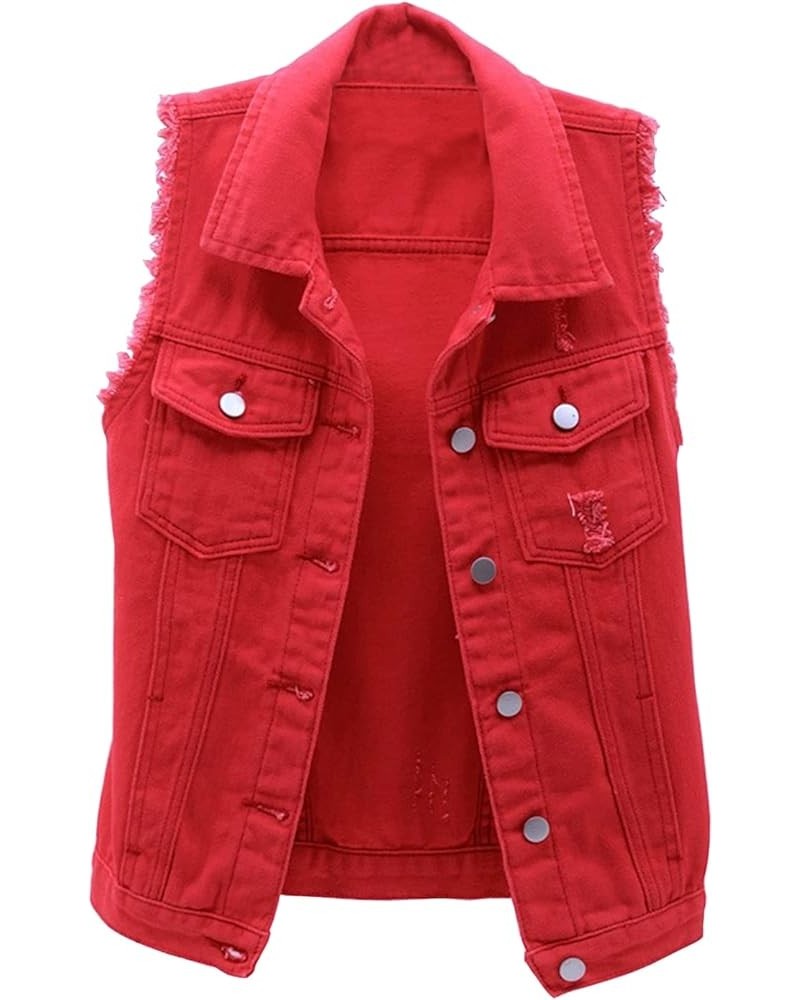 Women's Casual Denim Vest Jacket Slim Fit Sleeveless Ripped Tops Red $13.94 Vests