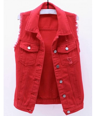 Women's Casual Denim Vest Jacket Slim Fit Sleeveless Ripped Tops Red $13.94 Vests