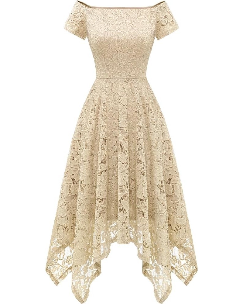 Women's Floral Lace Bridesmaid Dress Hi-Lo Off Shoulder Dress Cocktail Party Dress B-champagne $30.77 Dresses