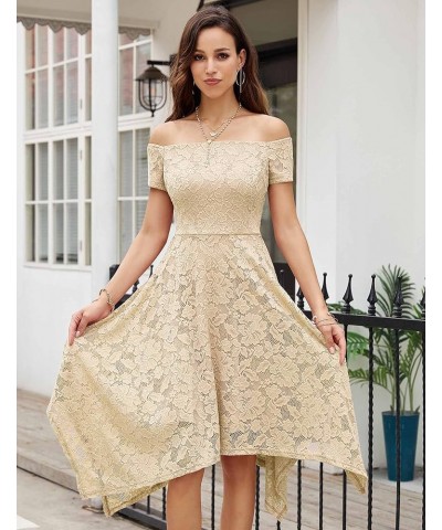 Women's Floral Lace Bridesmaid Dress Hi-Lo Off Shoulder Dress Cocktail Party Dress B-champagne $30.77 Dresses