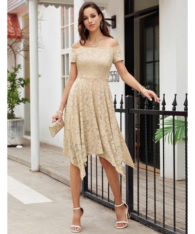 Women's Floral Lace Bridesmaid Dress Hi-Lo Off Shoulder Dress Cocktail Party Dress B-champagne $30.77 Dresses