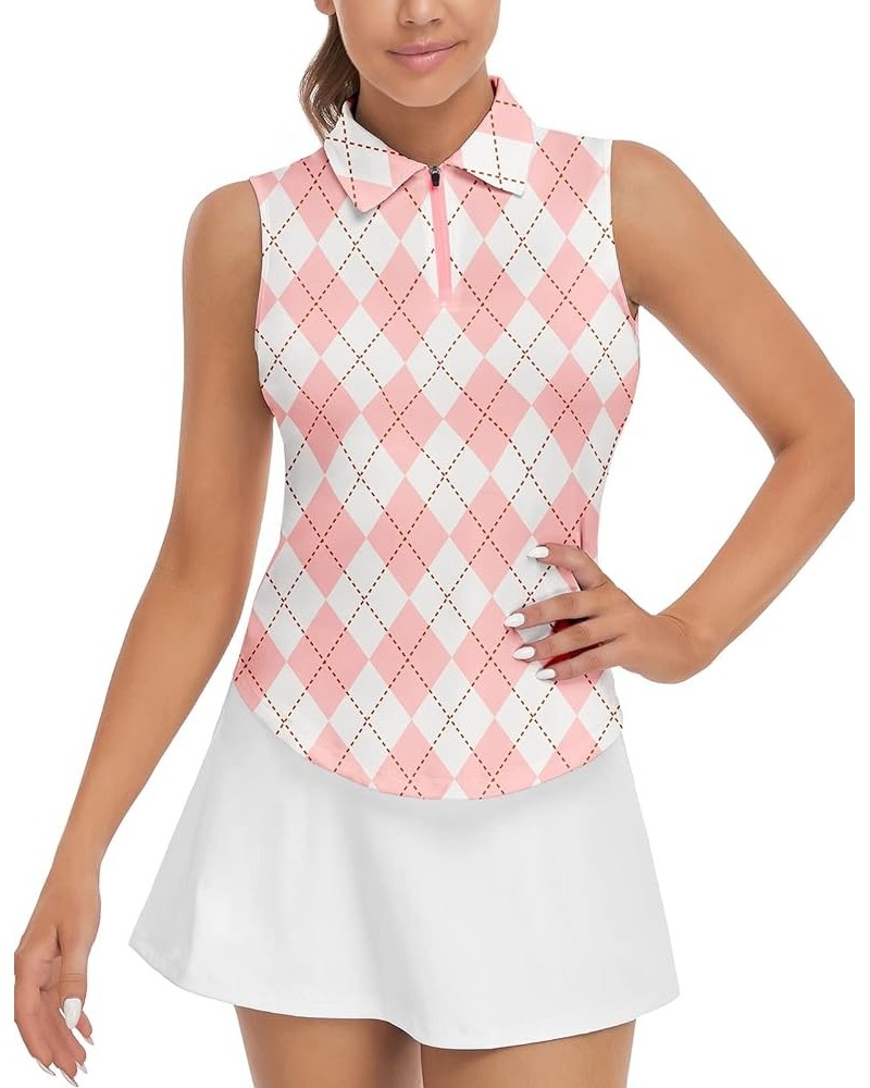 Women's Sleeveless Golf Top Floral Athletic Golf Wear Moisture Wicking Sleeveless Polo Quick Dry Pink Argyle $17.00 Shirts