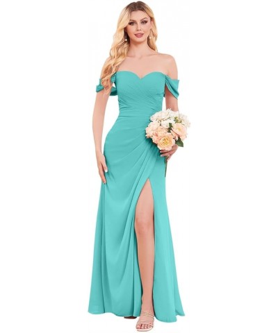Women's Mermaid Bridesmaid Dresses with Slit Off The Shoulder Ruched Chiffon Formal Prom Evening Gown Turquoise $24.00 Dresses