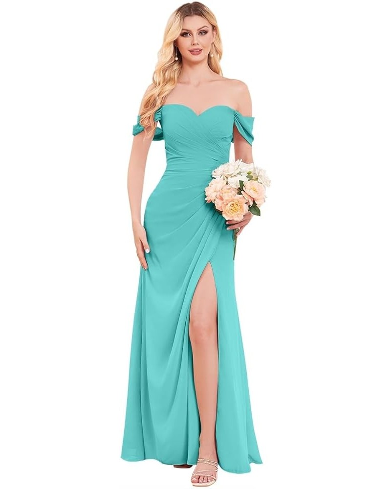 Women's Mermaid Bridesmaid Dresses with Slit Off The Shoulder Ruched Chiffon Formal Prom Evening Gown Turquoise $24.00 Dresses