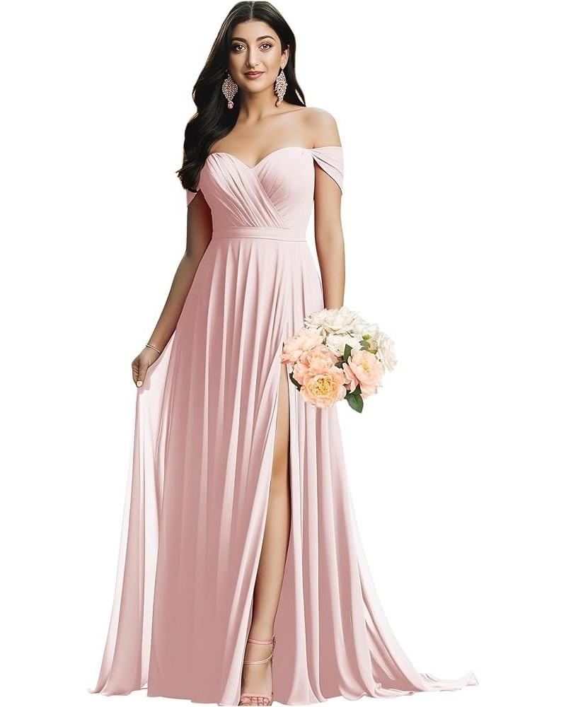 Off The Shoulder Bridesmaid Dresses for Wedding Ruched Chiffon Split Formal Evening Dress with Pockets Blush Pink $30.24 Dresses