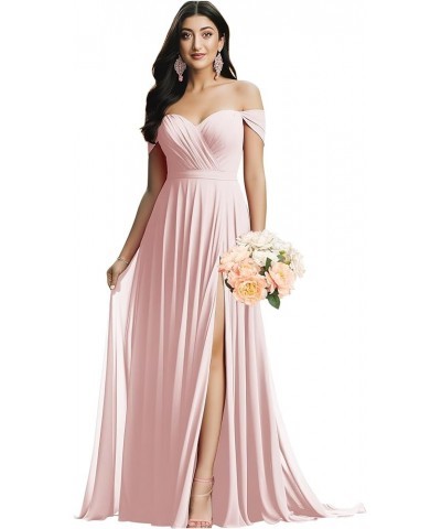 Off The Shoulder Bridesmaid Dresses for Wedding Ruched Chiffon Split Formal Evening Dress with Pockets Blush Pink $30.24 Dresses