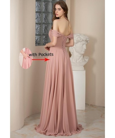 Off The Shoulder Bridesmaid Dresses for Wedding Ruched Chiffon Split Formal Evening Dress with Pockets Blush Pink $30.24 Dresses