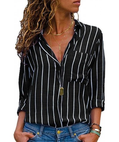 Women's Lapel Shirt Casual Long Sleeve Striped Print Loose Cardigan Shirts Tops with Pockets S-5XL Black $16.42 Sweaters