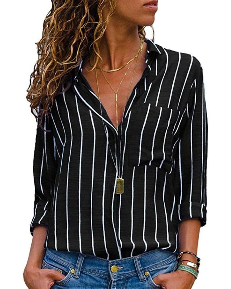 Women's Lapel Shirt Casual Long Sleeve Striped Print Loose Cardigan Shirts Tops with Pockets S-5XL Black $16.42 Sweaters