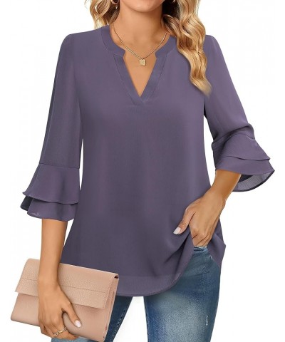 Womens Tops Dressy Casual 3/4 Tiered Bell Sleeve Blouses Double Layered Chiffon Work Tunic Shirts Violet $15.05 Blouses