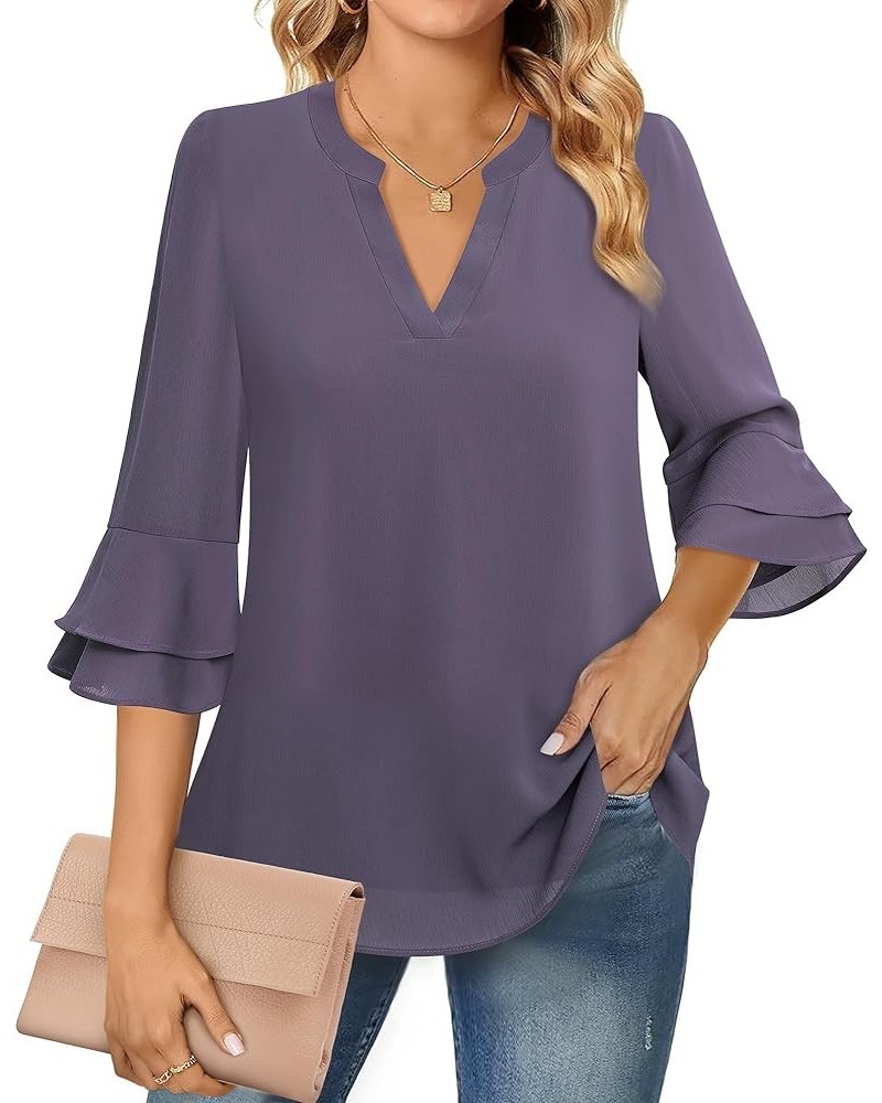 Womens Tops Dressy Casual 3/4 Tiered Bell Sleeve Blouses Double Layered Chiffon Work Tunic Shirts Violet $15.05 Blouses