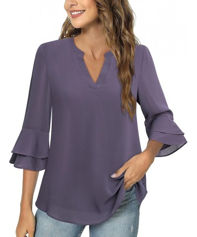 Womens Tops Dressy Casual 3/4 Tiered Bell Sleeve Blouses Double Layered Chiffon Work Tunic Shirts Violet $15.05 Blouses