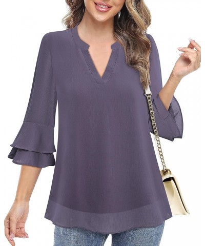 Womens Tops Dressy Casual 3/4 Tiered Bell Sleeve Blouses Double Layered Chiffon Work Tunic Shirts Violet $15.05 Blouses