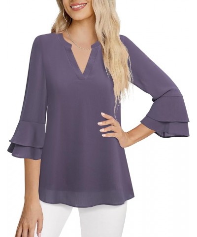 Womens Tops Dressy Casual 3/4 Tiered Bell Sleeve Blouses Double Layered Chiffon Work Tunic Shirts Violet $15.05 Blouses