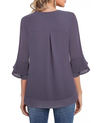 Womens Tops Dressy Casual 3/4 Tiered Bell Sleeve Blouses Double Layered Chiffon Work Tunic Shirts Violet $15.05 Blouses