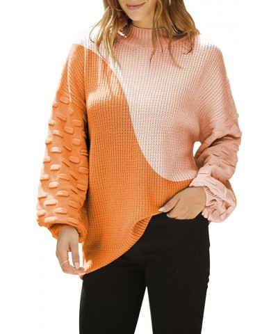 Women's 2023 Fall Oversized Crewneck Long Puff Sleeve Chunky Knit Pullover Sweater Tops Orange Irregular Stitching $19.35 Swe...