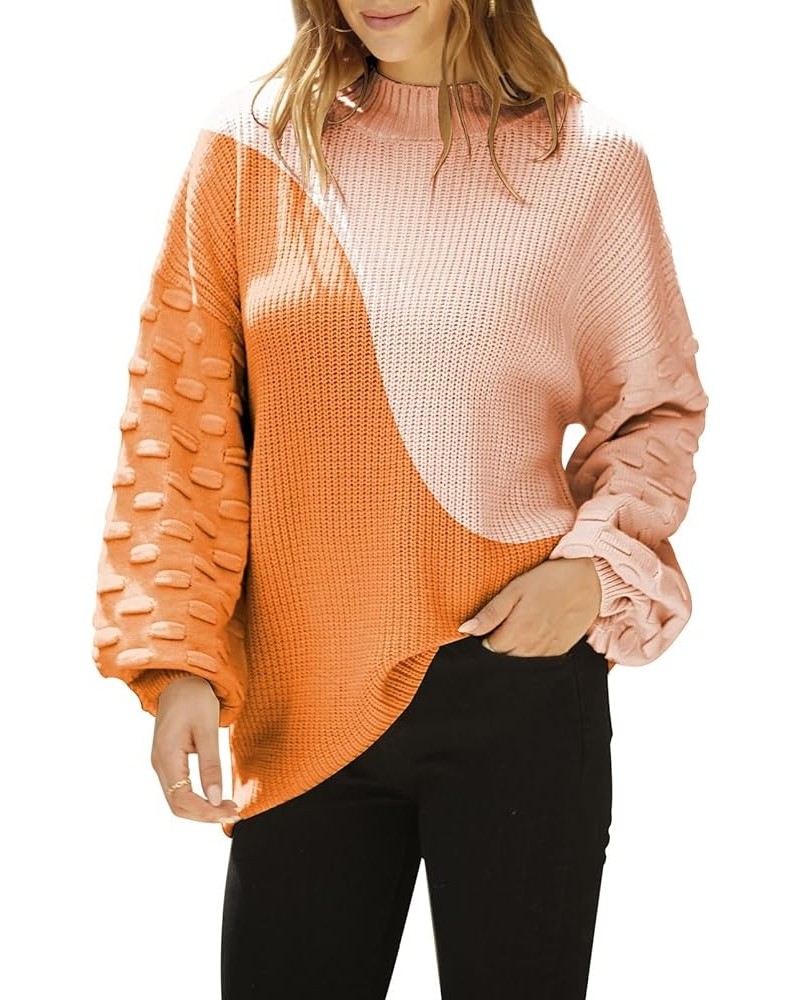 Women's 2023 Fall Oversized Crewneck Long Puff Sleeve Chunky Knit Pullover Sweater Tops Orange Irregular Stitching $19.35 Swe...