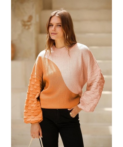 Women's 2023 Fall Oversized Crewneck Long Puff Sleeve Chunky Knit Pullover Sweater Tops Orange Irregular Stitching $19.35 Swe...