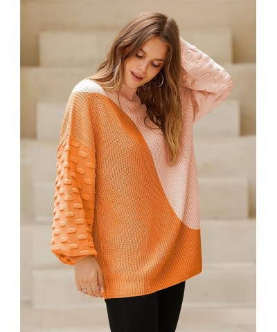 Women's 2023 Fall Oversized Crewneck Long Puff Sleeve Chunky Knit Pullover Sweater Tops Orange Irregular Stitching $19.35 Swe...