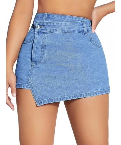 Women's Casual Split Hem High Waist Denim Skorts Skirt Shorts Blue Irregular $24.18 Skorts