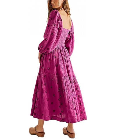 Women 2024 Bohemian Floral Dress Square Neck Ruffle Swing A Line Maxi Dress Long Sleeve Beach Long Dress Boutique Rose Red Fl...