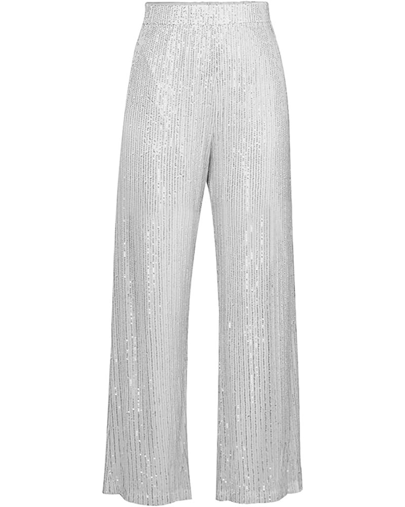 Women's Glitter Sequin Long Loose Pants Bling Party Clubwear Elastic Casual Pants White $18.06 Pants