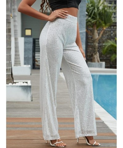 Women's Glitter Sequin Long Loose Pants Bling Party Clubwear Elastic Casual Pants White $18.06 Pants