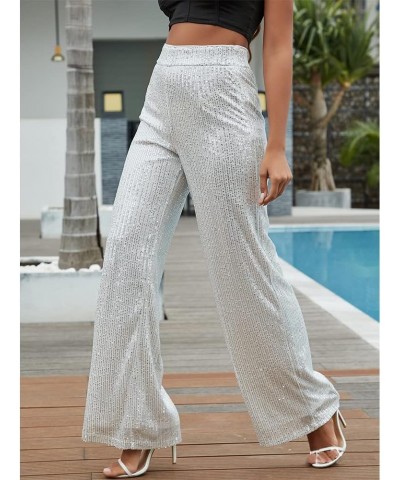 Women's Glitter Sequin Long Loose Pants Bling Party Clubwear Elastic Casual Pants White $18.06 Pants