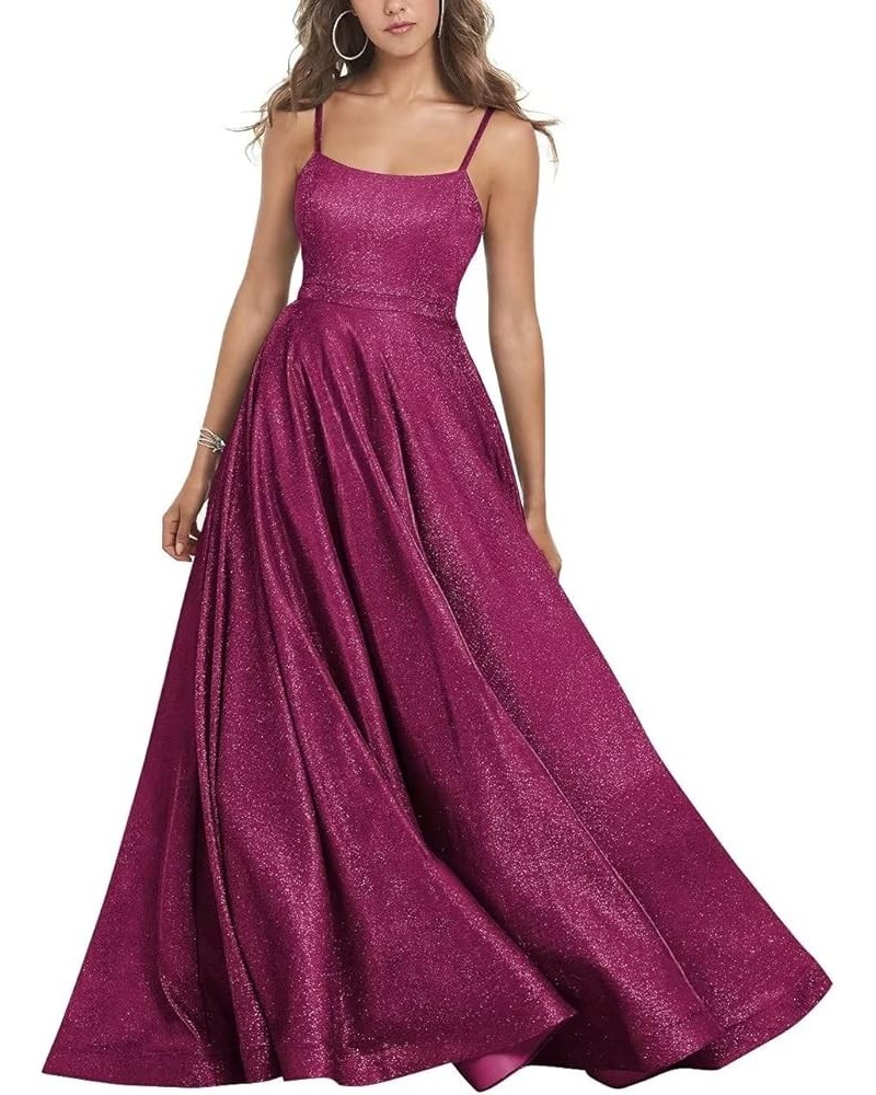 Women's Glitter Prom Dresses Long Ball Gown Spaghetti Straps Neck Formal Evening Party Dress for Teens Fuchsia $48.40 Dresses