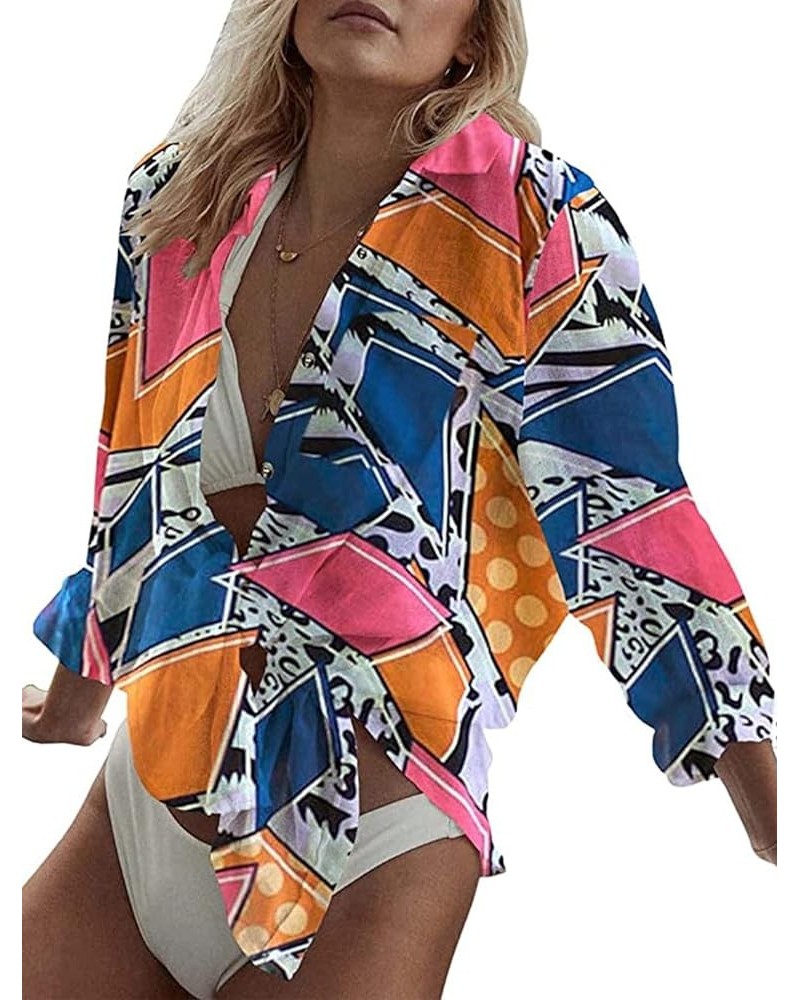 Women's Beach Shirt Long Sleeve Turn Down Collar Bathing Suit Cover Ups A-geometric Print 3 $15.94 Swimsuits