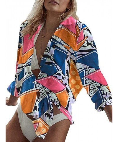 Women's Beach Shirt Long Sleeve Turn Down Collar Bathing Suit Cover Ups A-geometric Print 3 $15.94 Swimsuits