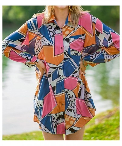 Women's Beach Shirt Long Sleeve Turn Down Collar Bathing Suit Cover Ups A-geometric Print 3 $15.94 Swimsuits