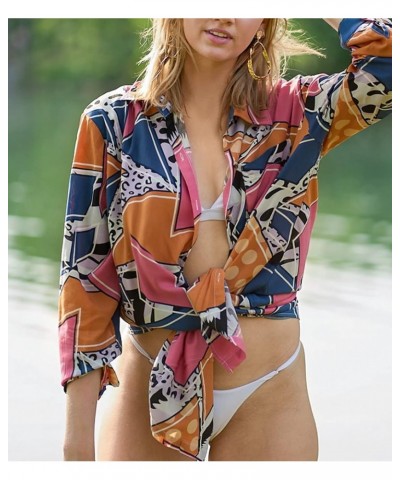 Women's Beach Shirt Long Sleeve Turn Down Collar Bathing Suit Cover Ups A-geometric Print 3 $15.94 Swimsuits